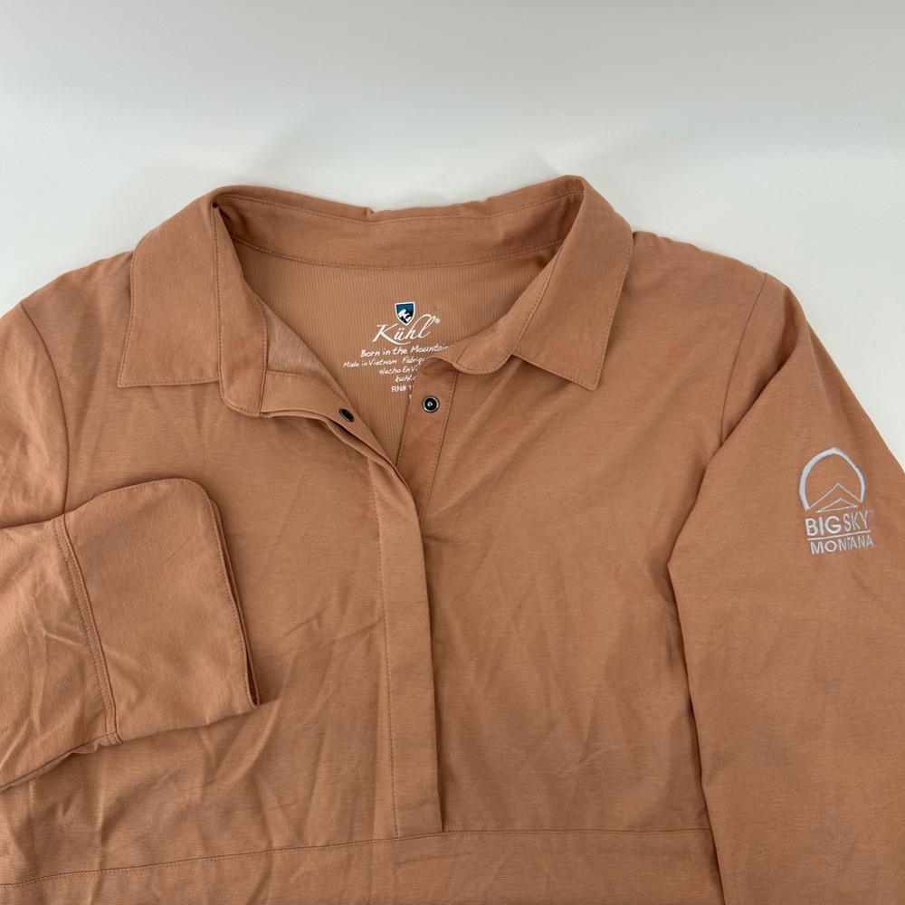 Kuhl Top Women Medium Clay Big Sky Montana Logo Long Sleeve Pullover Snap Collar